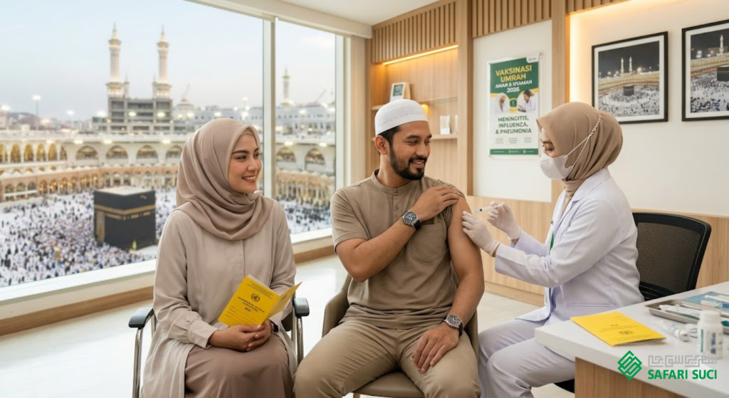 Calon jemaah Safari Suci menerima suntikan vaksin dan memegang Buku Kuning. Panduan lengkap umrah vaksin apa saja untuk kenyamanan ibadah Anda.