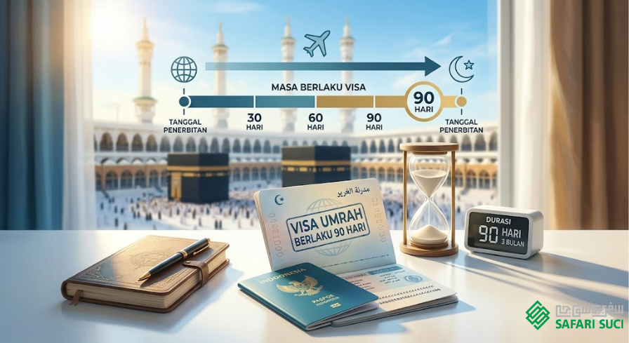 Ilustrasi masa berlaku visa umroh dengan teks besar 'Visa Umroh Berlaku Berapa Lama' dan durasi '90 HARI', menampilkan paspor, jam pasir, dan grafik durasi di depan Masjidil Haram, Mekkah, oleh Safari Suci.